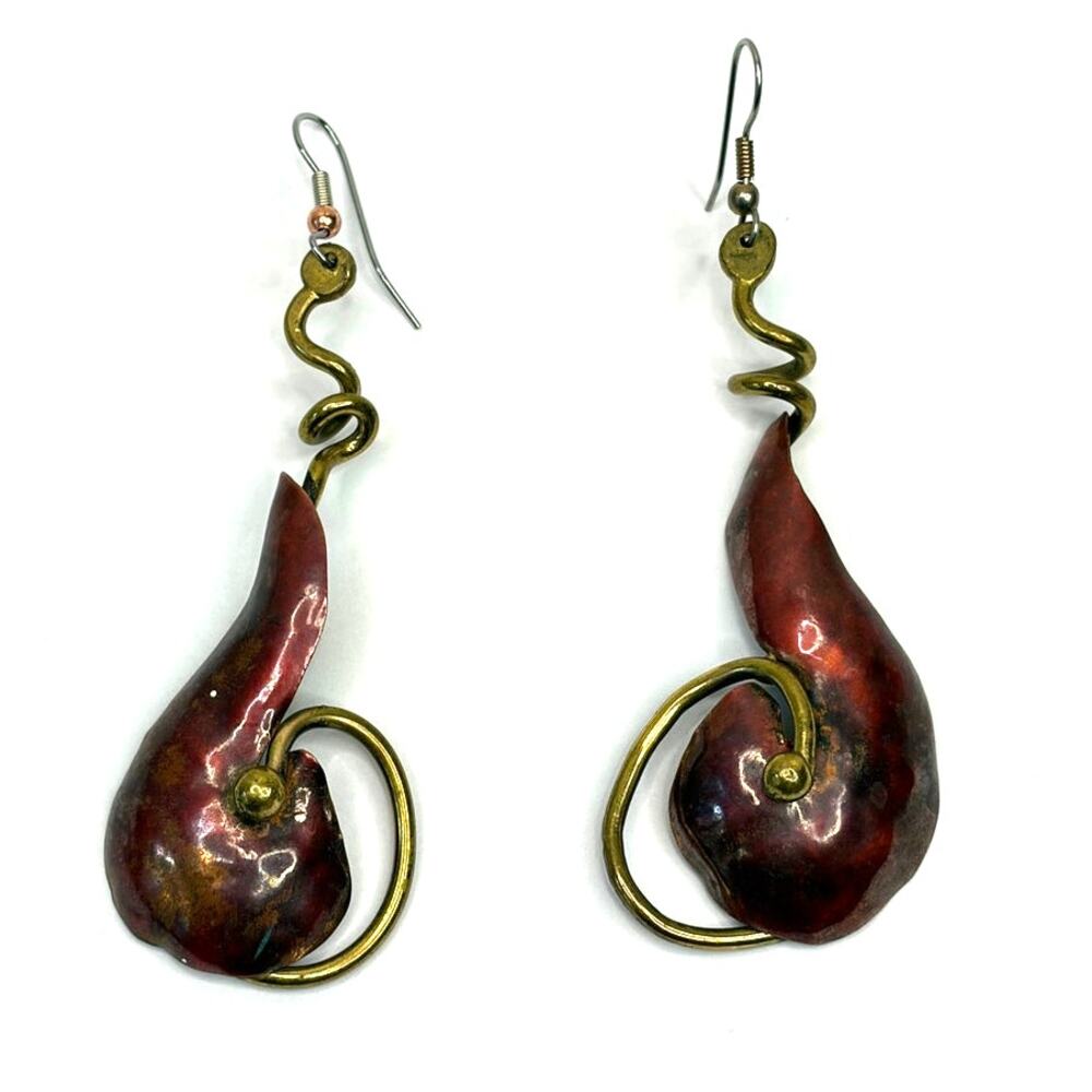 Artisan Made Red Copper, Brass Swirl Mixed Media Earrings Drop Dangle Brutalist